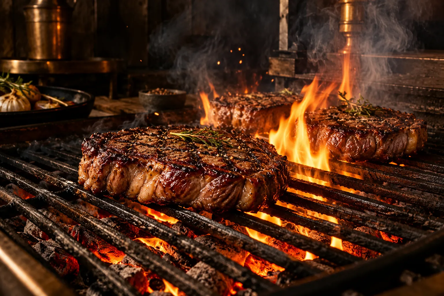 Steaks searing above glowing charcoal and open flames — AI concept image