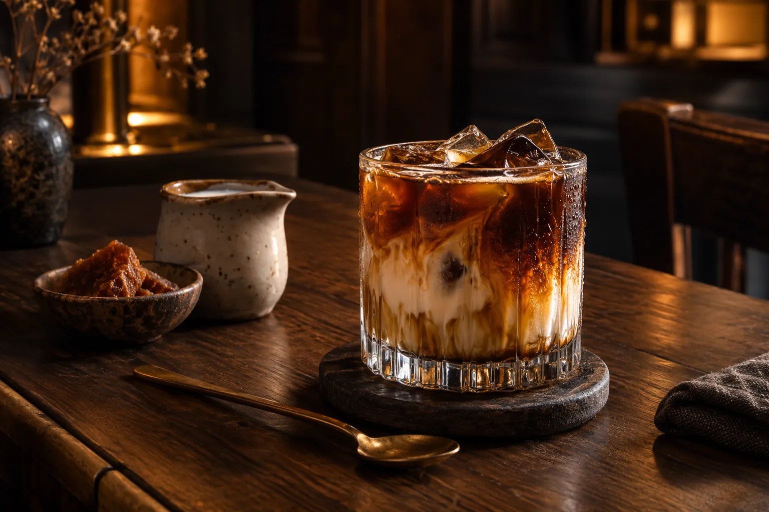Iced coffee with milk and palm sugar in a clear tumbler — AI concept image