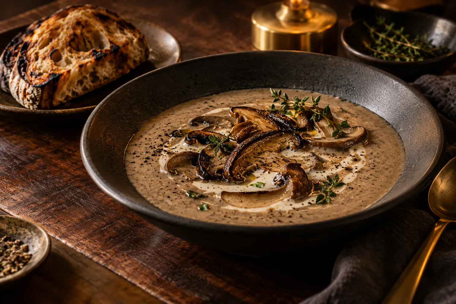 Roasted mushroom soup with herbs in dark ceramic — AI concept image