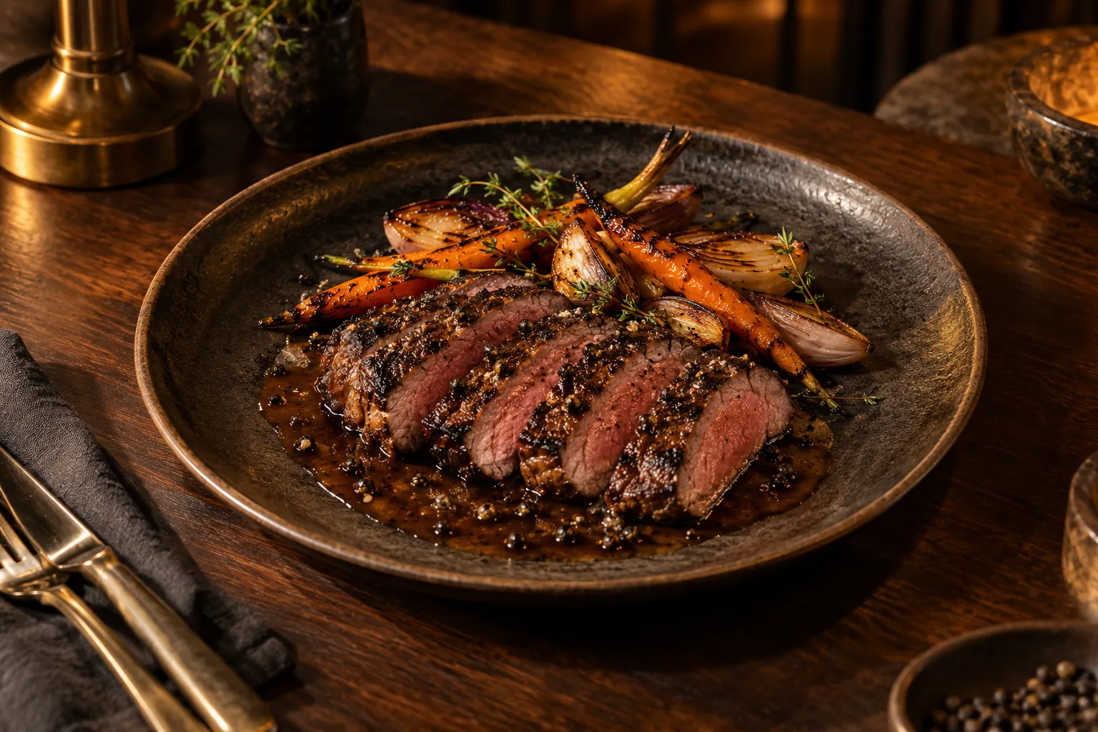 Sliced sirloin with black pepper sauce and charred vegetables — AI concept image