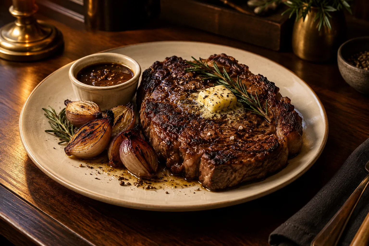 Chargrilled ribeye on ivory ceramic with black pepper sauce — AI concept image